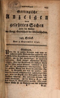 Göttingische Anzeigen von gelehrten Sachen (Göttingische Zeitungen von gelehrten Sachen) Montag 5. September 1791