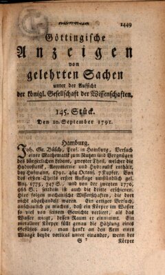 Göttingische Anzeigen von gelehrten Sachen (Göttingische Zeitungen von gelehrten Sachen) Samstag 10. September 1791