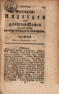 Göttingische Anzeigen von gelehrten Sachen (Göttingische Zeitungen von gelehrten Sachen) Montag 14. November 1791