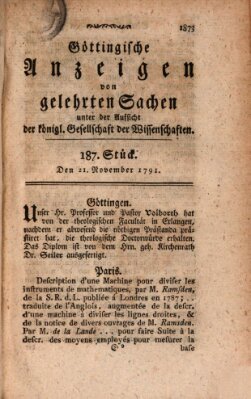 Göttingische Anzeigen von gelehrten Sachen (Göttingische Zeitungen von gelehrten Sachen) Montag 21. November 1791