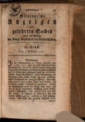 Göttingische Anzeigen von gelehrten Sachen (Göttingische Zeitungen von gelehrten Sachen) Samstag 4. Februar 1792