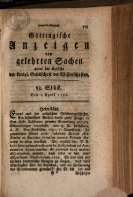 Göttingische Anzeigen von gelehrten Sachen (Göttingische Zeitungen von gelehrten Sachen) Montag 2. April 1792