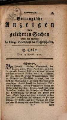 Göttingische Anzeigen von gelehrten Sachen (Göttingische Zeitungen von gelehrten Sachen) Samstag 14. April 1792