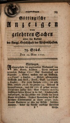 Göttingische Anzeigen von gelehrten Sachen (Göttingische Zeitungen von gelehrten Sachen) Samstag 19. Mai 1792