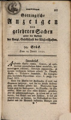 Göttingische Anzeigen von gelehrten Sachen (Göttingische Zeitungen von gelehrten Sachen) Donnerstag 14. Juni 1792