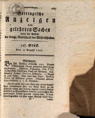 Göttingische Anzeigen von gelehrten Sachen (Göttingische Zeitungen von gelehrten Sachen) Samstag 11. August 1792
