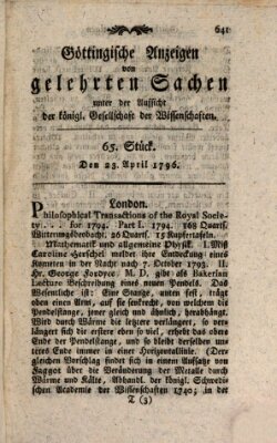 Göttingische Anzeigen von gelehrten Sachen (Göttingische Zeitungen von gelehrten Sachen) Samstag 23. April 1796