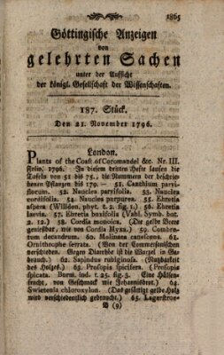 Göttingische Anzeigen von gelehrten Sachen (Göttingische Zeitungen von gelehrten Sachen) Montag 21. November 1796