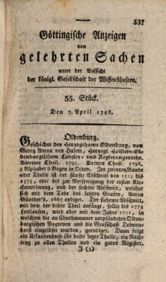 Göttingische Anzeigen von gelehrten Sachen (Göttingische Zeitungen von gelehrten Sachen) Samstag 7. April 1798