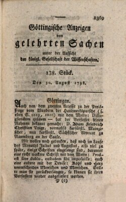 Göttingische Anzeigen von gelehrten Sachen (Göttingische Zeitungen von gelehrten Sachen) Donnerstag 30. August 1798