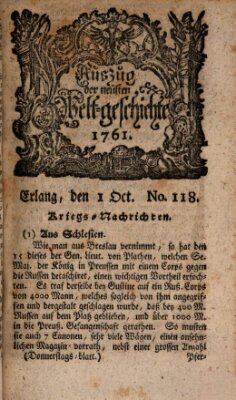 Auszug der neuesten Weltgeschichte (Erlanger Real-Zeitung) Donnerstag 1. Oktober 1761