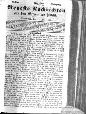 Neueste Nachrichten aus dem Gebiete der Politik (Münchner neueste Nachrichten) Donnerstag 12. Juli 1855