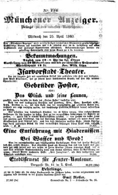 Münchener Anzeiger (Münchner neueste Nachrichten) Mittwoch 25. April 1860