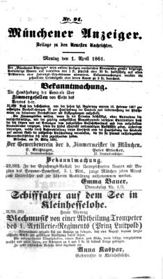 Münchener Anzeiger (Münchner neueste Nachrichten) Montag 1. April 1861