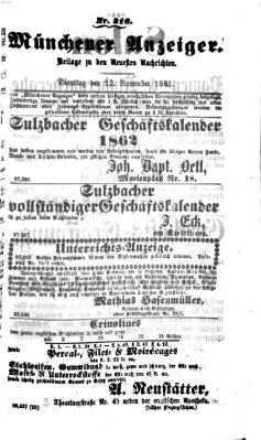 Münchener Anzeiger (Münchner neueste Nachrichten) Dienstag 12. November 1861