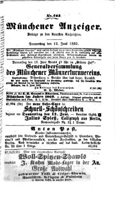 Münchener Anzeiger (Münchner neueste Nachrichten) Donnerstag 12. Juni 1862