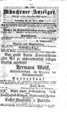 Münchener Anzeiger (Münchner neueste Nachrichten) Donnerstag 13. April 1865