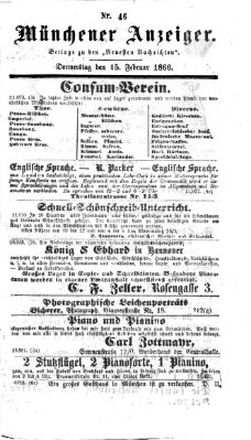 Münchener Anzeiger (Münchner neueste Nachrichten) Donnerstag 15. Februar 1866