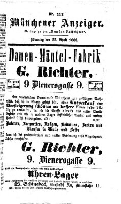 Münchener Anzeiger (Münchner neueste Nachrichten) Sonntag 22. April 1866