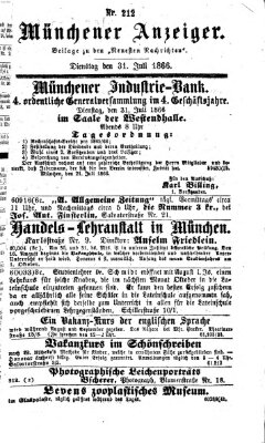 Münchener Anzeiger (Münchner neueste Nachrichten) Dienstag 31. Juli 1866