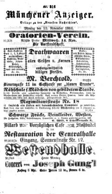Münchener Anzeiger (Münchner neueste Nachrichten) Montag 12. November 1866