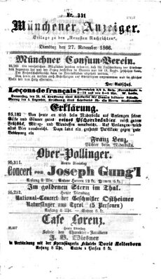 Münchener Anzeiger (Münchner neueste Nachrichten) Dienstag 27. November 1866