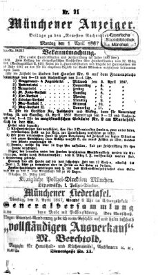 Münchener Anzeiger (Münchner neueste Nachrichten) Montag 1. April 1867