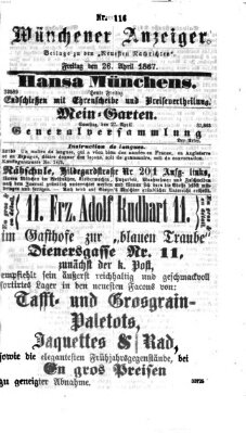 Münchener Anzeiger (Münchner neueste Nachrichten) Freitag 26. April 1867