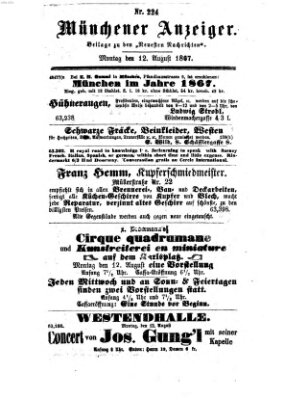 Münchener Anzeiger (Münchner neueste Nachrichten) Montag 12. August 1867