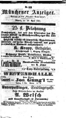 Münchener Anzeiger (Münchner neueste Nachrichten) Montag 20. April 1868