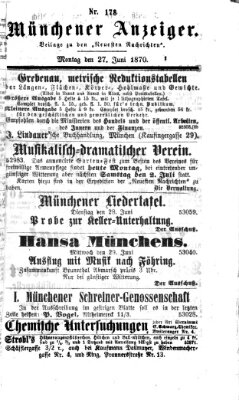 Münchener Anzeiger (Münchner neueste Nachrichten) Montag 27. Juni 1870