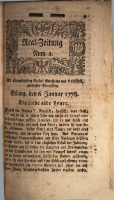 Real-Zeitung (Erlanger Real-Zeitung) Dienstag 6. Januar 1778