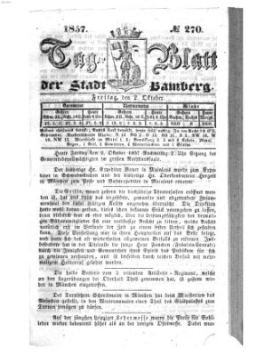 Tag-Blatt der Stadt Bamberg (Bamberger Tagblatt) Freitag 2. Oktober 1857
