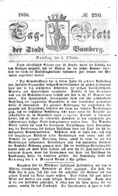 Tag-Blatt der Stadt Bamberg (Bamberger Tagblatt) Samstag 2. Oktober 1858