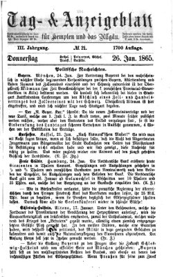 Tag- und Anzeigeblatt für Kempten und das Allgäu Donnerstag 26. Januar 1865