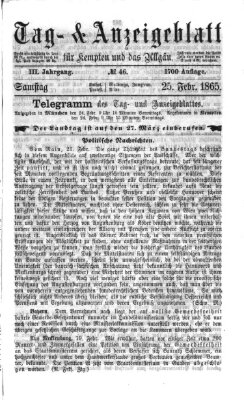 Tag- und Anzeigeblatt für Kempten und das Allgäu Samstag 25. Februar 1865