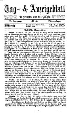 Tag- und Anzeigeblatt für Kempten und das Allgäu Mittwoch 26. Juli 1865
