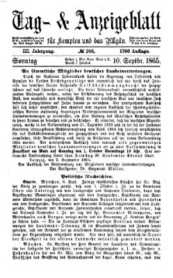 Tag- und Anzeigeblatt für Kempten und das Allgäu Sonntag 10. September 1865