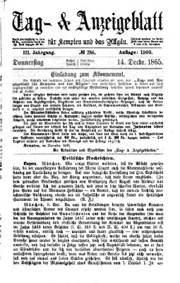 Tag- und Anzeigeblatt für Kempten und das Allgäu Donnerstag 14. Dezember 1865