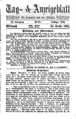 Tag- und Anzeigeblatt für Kempten und das Allgäu Mittwoch 20. Dezember 1865