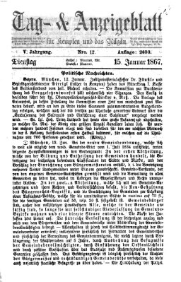 Tag- und Anzeigeblatt für Kempten und das Allgäu Dienstag 15. Januar 1867