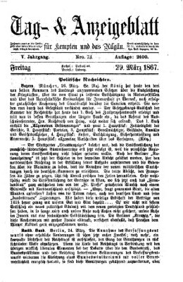 Tag- und Anzeigeblatt für Kempten und das Allgäu Freitag 29. März 1867