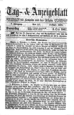 Tag- und Anzeigeblatt für Kempten und das Allgäu Donnerstag 3. Oktober 1867
