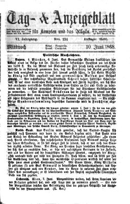 Tag- und Anzeigeblatt für Kempten und das Allgäu Mittwoch 10. Juni 1868