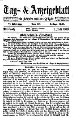 Tag- und Anzeigeblatt für Kempten und das Allgäu Mittwoch 1. Juli 1868