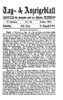 Tag- und Anzeigeblatt für Kempten und das Allgäu Dienstag 11. August 1868