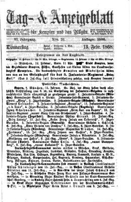 Tag- und Anzeigeblatt für Kempten und das Allgäu Donnerstag 13. Februar 1868