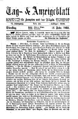 Tag- und Anzeigeblatt für Kempten und das Allgäu Dienstag 18. Februar 1868