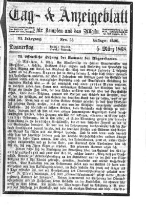 Tag- und Anzeigeblatt für Kempten und das Allgäu Donnerstag 5. März 1868