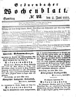 Grönenbacher Wochenblatt Samstag 2. Juni 1855
